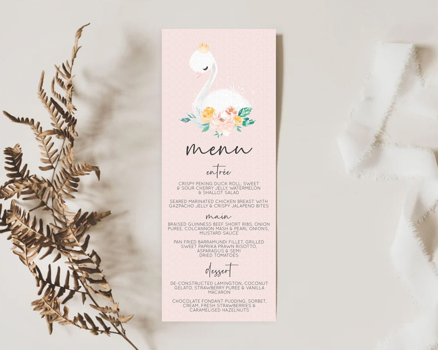 Swan Menu Swan Princess Ballet Menu Template Enchanted Swan Lake Table Decor Secret Garden Pastel Floral Dinner Dessert Food Menu  D10388