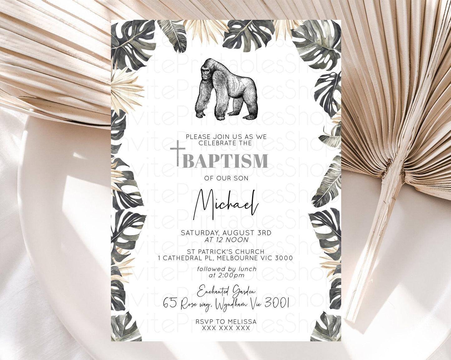Gorilla Baptism Invitation Gorilla Baptism 1st Birthday Invitation Gorilla Jungle Adventure Christening Invitation Wild Zoo Theme D10825