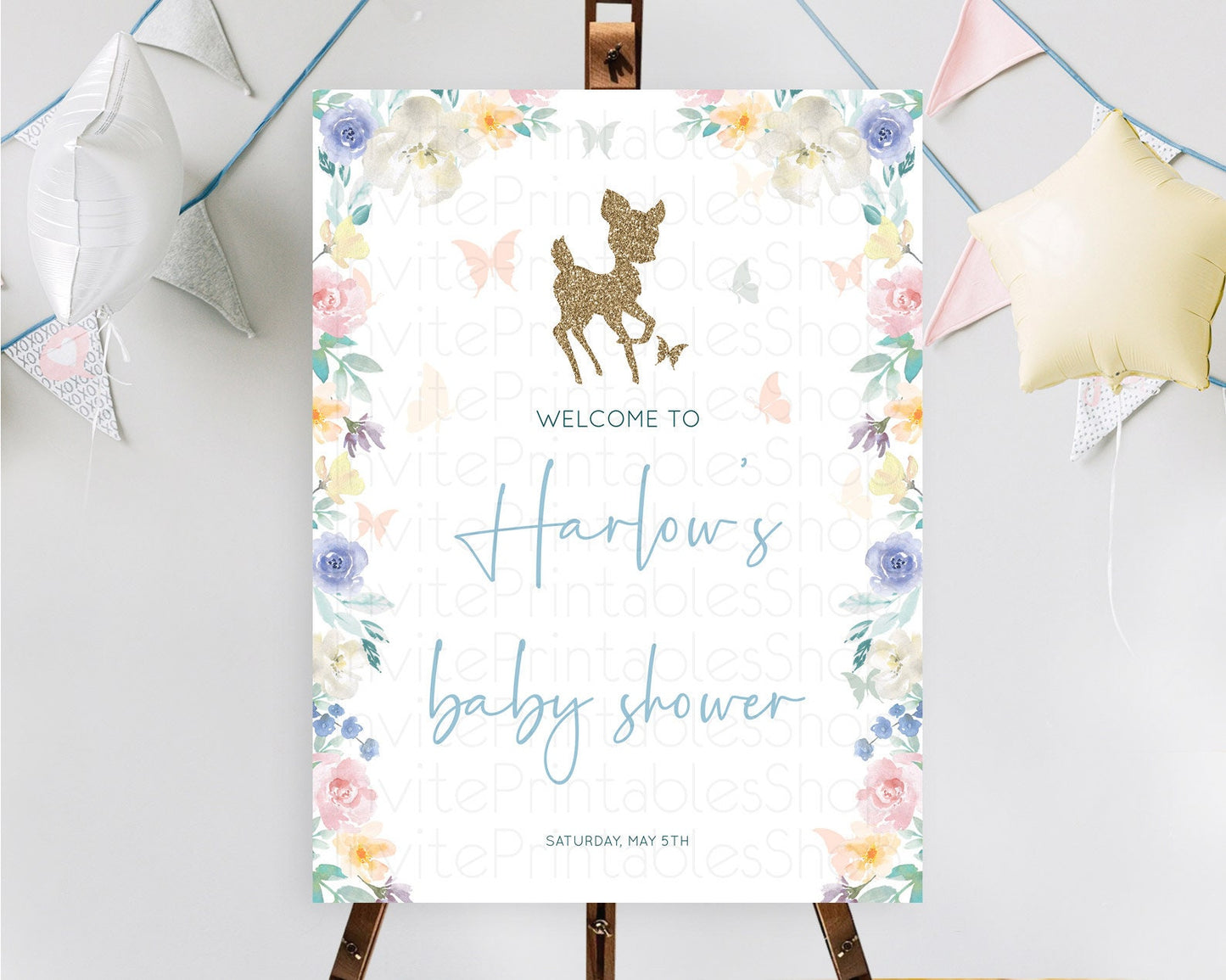 Fawn Baby Shower Welcome Sign Deer Welcome Board Floral Deer Welcome Poster Enchanted Forest Butterfly Pastel Floral Welcome Sign D10878