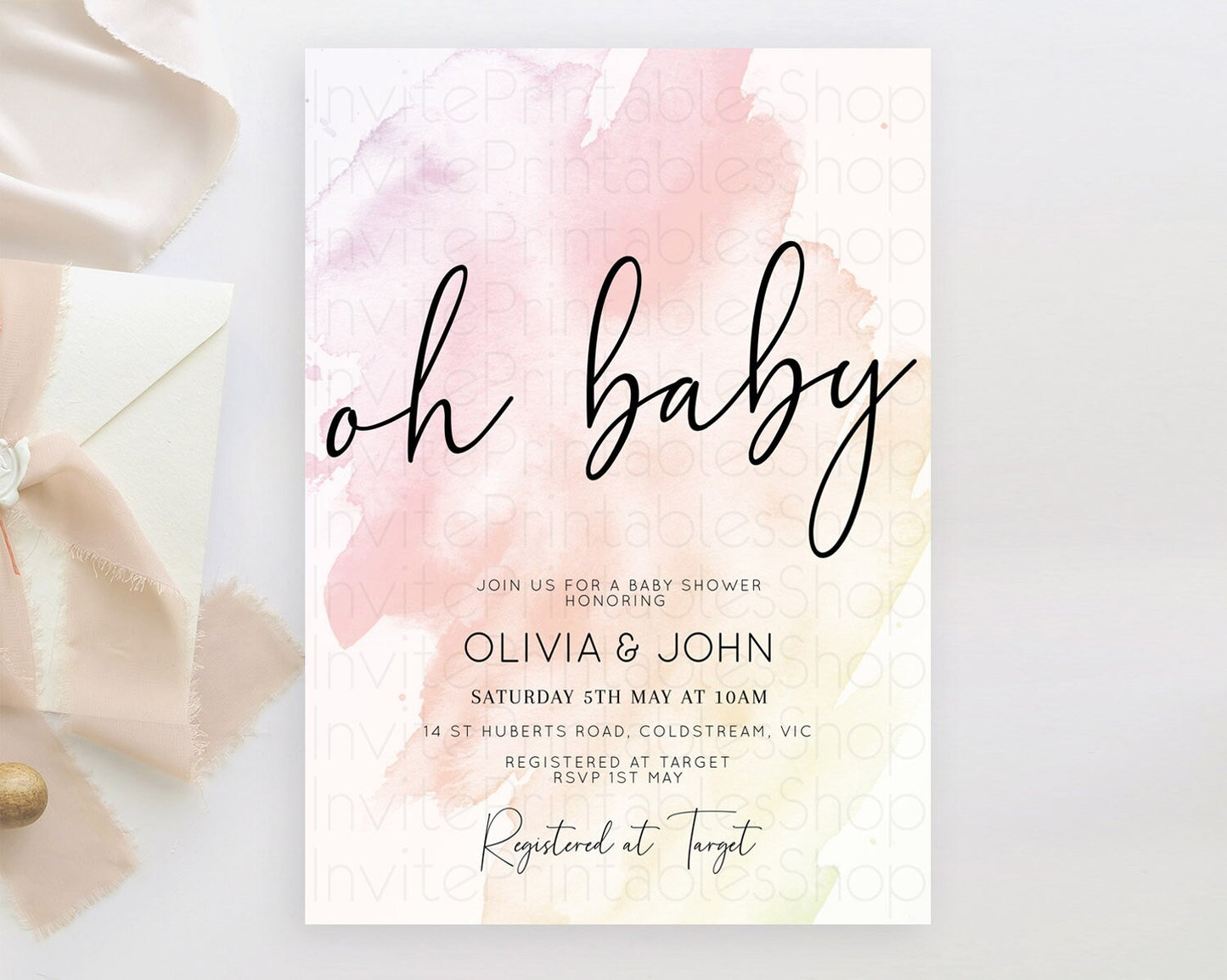 Pink Baby Shower Invitation Pink Watercolor Baby Shower Invitation Pastel Pink Watercolor Invitation Pink Splash Gold Invitation D10164