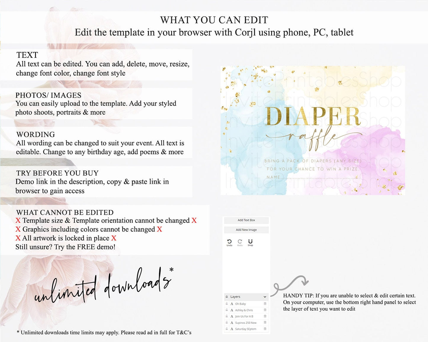 Pastel Diaper Raffle Card Pastel Rainbow Diaper Raffle Insert Colorful Ombre Watercolor Diaper Ticket Confetti Glitter Raffle Game D10204