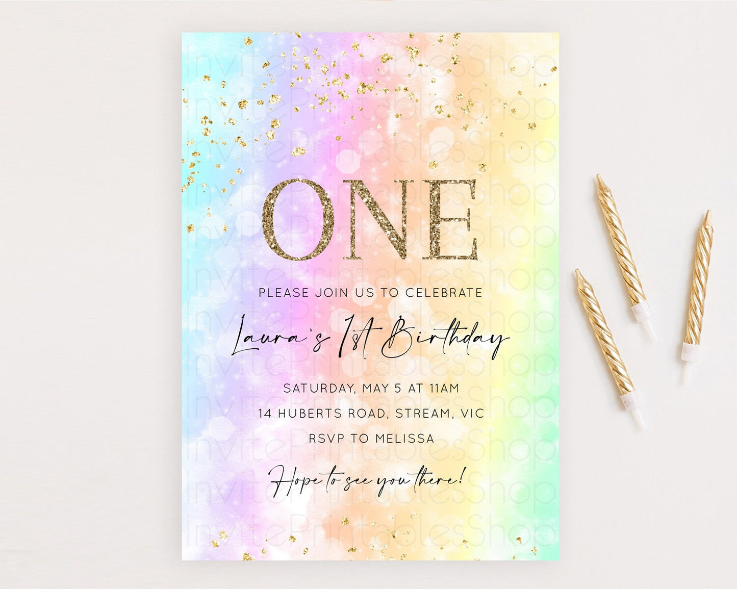 Rainbow Birthday Invitation Colorful Pastel Watercolor Invitation Gold Glitter Sprinkles Ombre Pastel 1st 2nd 3rd Birthday D10647
