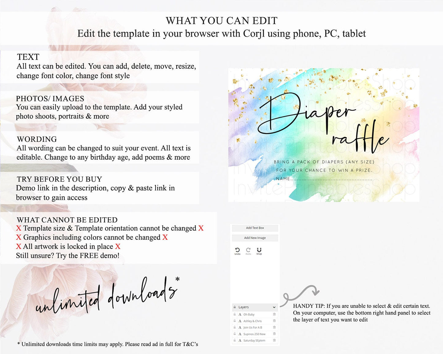 Pastel Diaper Raffle Card Pastel Rainbow Diaper Raffle Insert Colorful Ombre Watercolor Diaper Ticket Confetti Glitter Raffle Game D10279