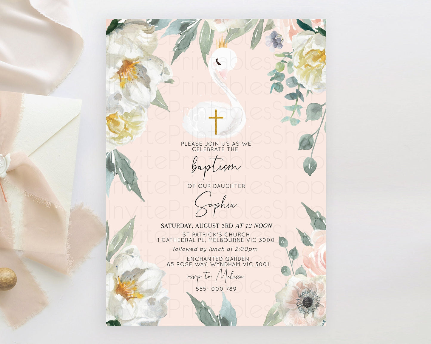 Swan Lake Baptism Invitation Swan Princess Ballet Baptism 1st Birthday Enchanted Forest Secret Garden Watercolour Pastel Floral D10755