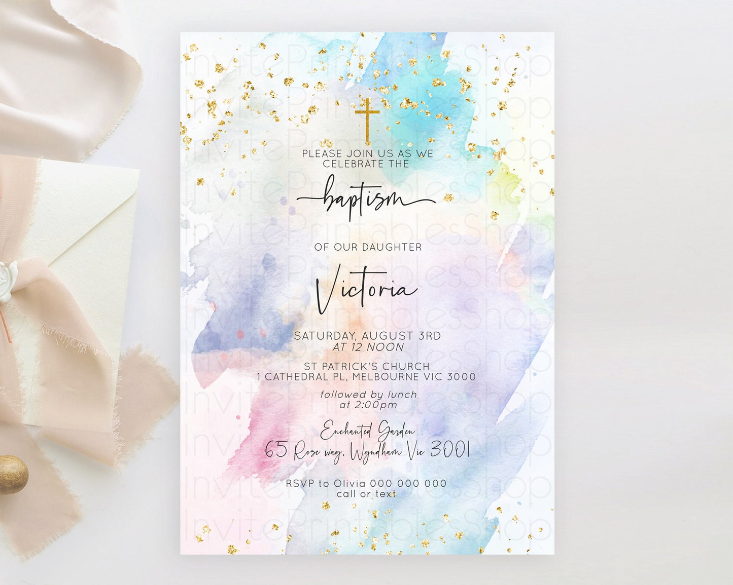 Pastel Baptism Invitation Pastel Colors Watercolor Baptism 1st Birthday Party Gold Ombre Pastel Rainbow Christening Holy Communion D10424