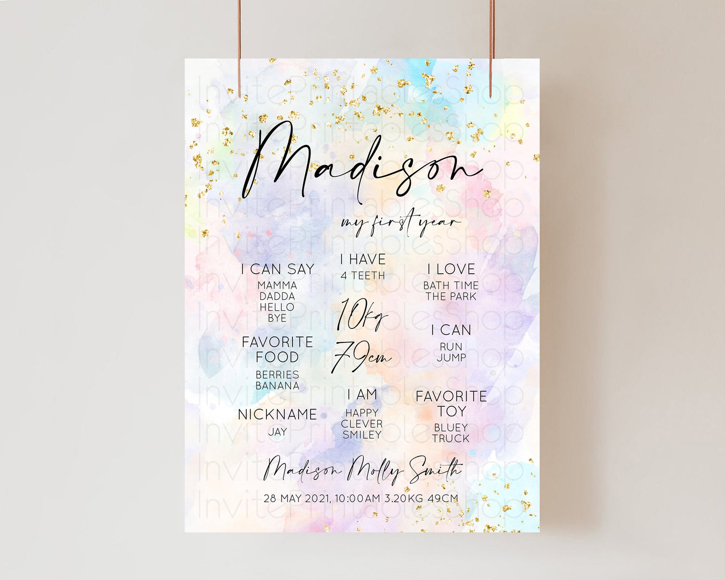 Pastel First Birthday Milestone Board Pastel Rainbow Milestone Poster Watercolor Glitter One Year Poster Colorful Splash Baby 1st Year 588