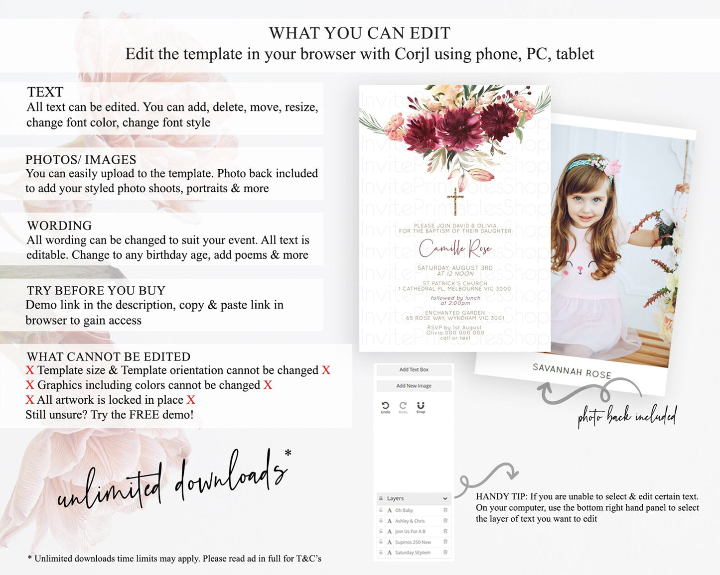 Secret Garden Baptism Invitation Wildflower Baptism Birthday Invite Pastel Flowers Christening Invite Enchanted Garden Boho Floral D10685