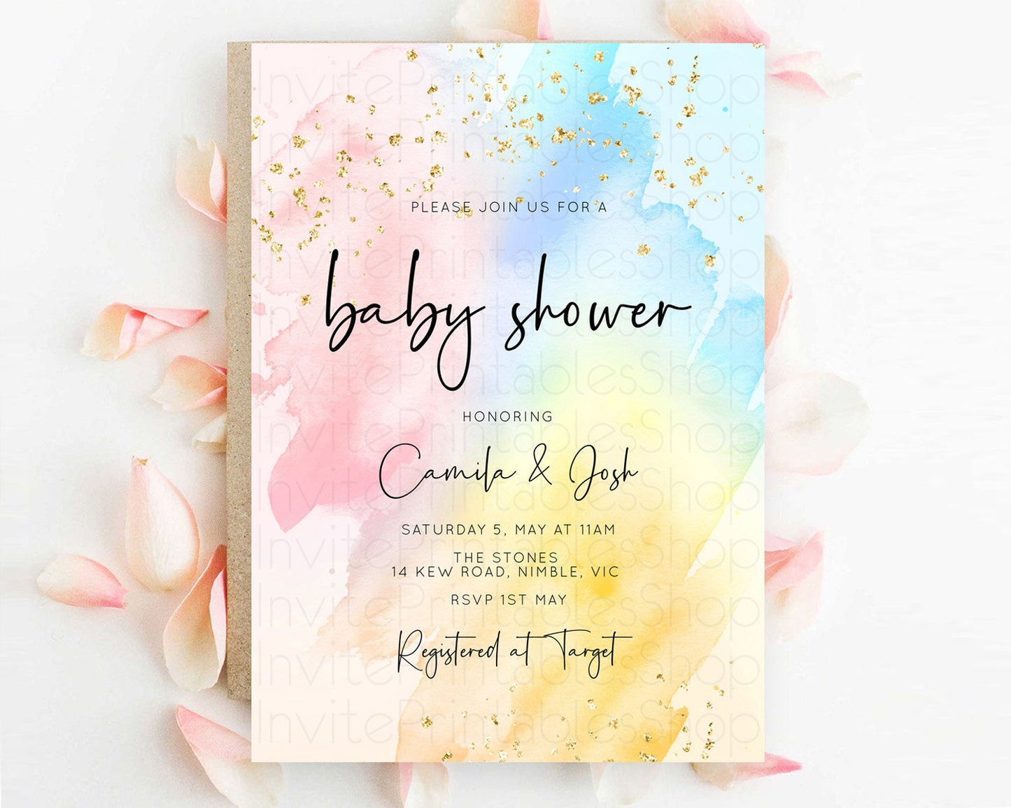 Pastel Baby Shower Invitation Rainbow Baby Shower Invitation Colorful Pastel Watercolor Invitation Gold Glitter Sprinkles Ombre D10557