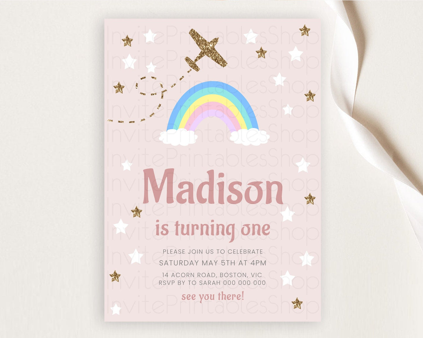 Plane Birthday Invitation Plane Invite Pastel Rainbow Clouds Stars Party Adventure Awaits Up Up Away Glitter 2nd 1st First Birthday D10297