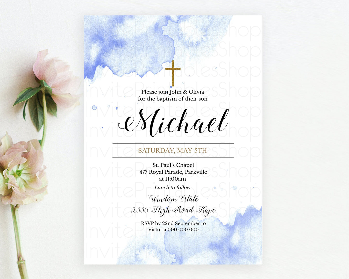 Blue Baptism Invitation Blue Watercolor Baptism 1st Birthday Invitation Pastel Blue Watercolor Christening Invite Blue Splash D10313