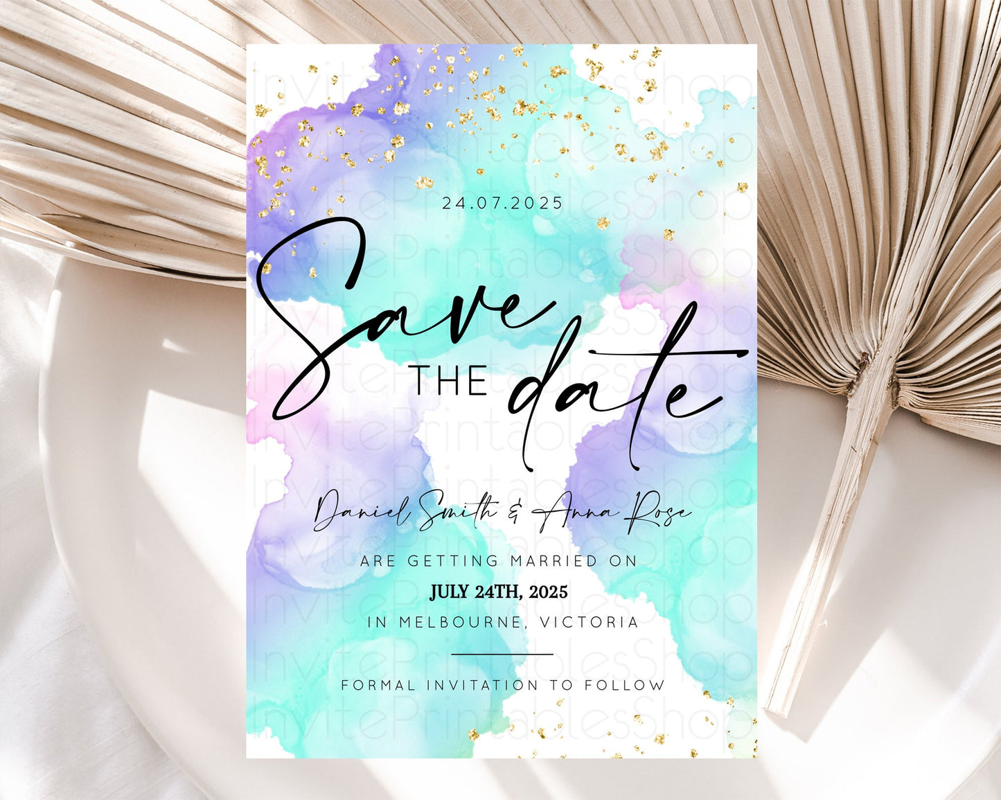 Pastel Save The Date Template Pastel Ombre Rainbow Watercolor Colorful Party For Birthday Baptism Baby Shower Wedding Bridal Shower D10212