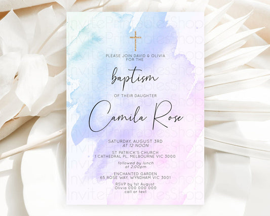 Purple Baptism Invitation Purple Watercolor Baptism Birthday Invitation Pastel Purple Watercolor Christening Invite Purple Splash D10165