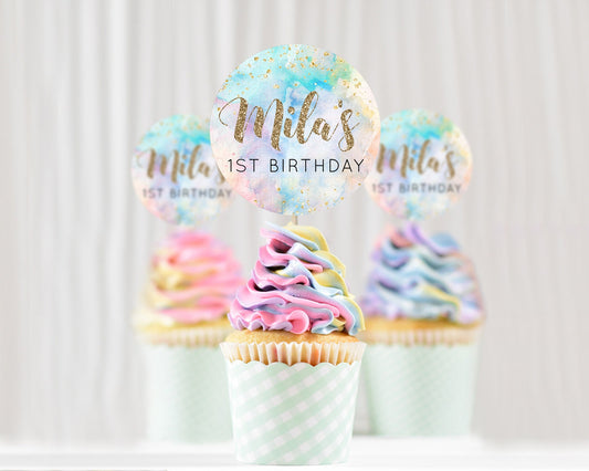Editable Rainbow Cupcake Toppers Pastel Cupcake Toppers Colorful Pastel Wate