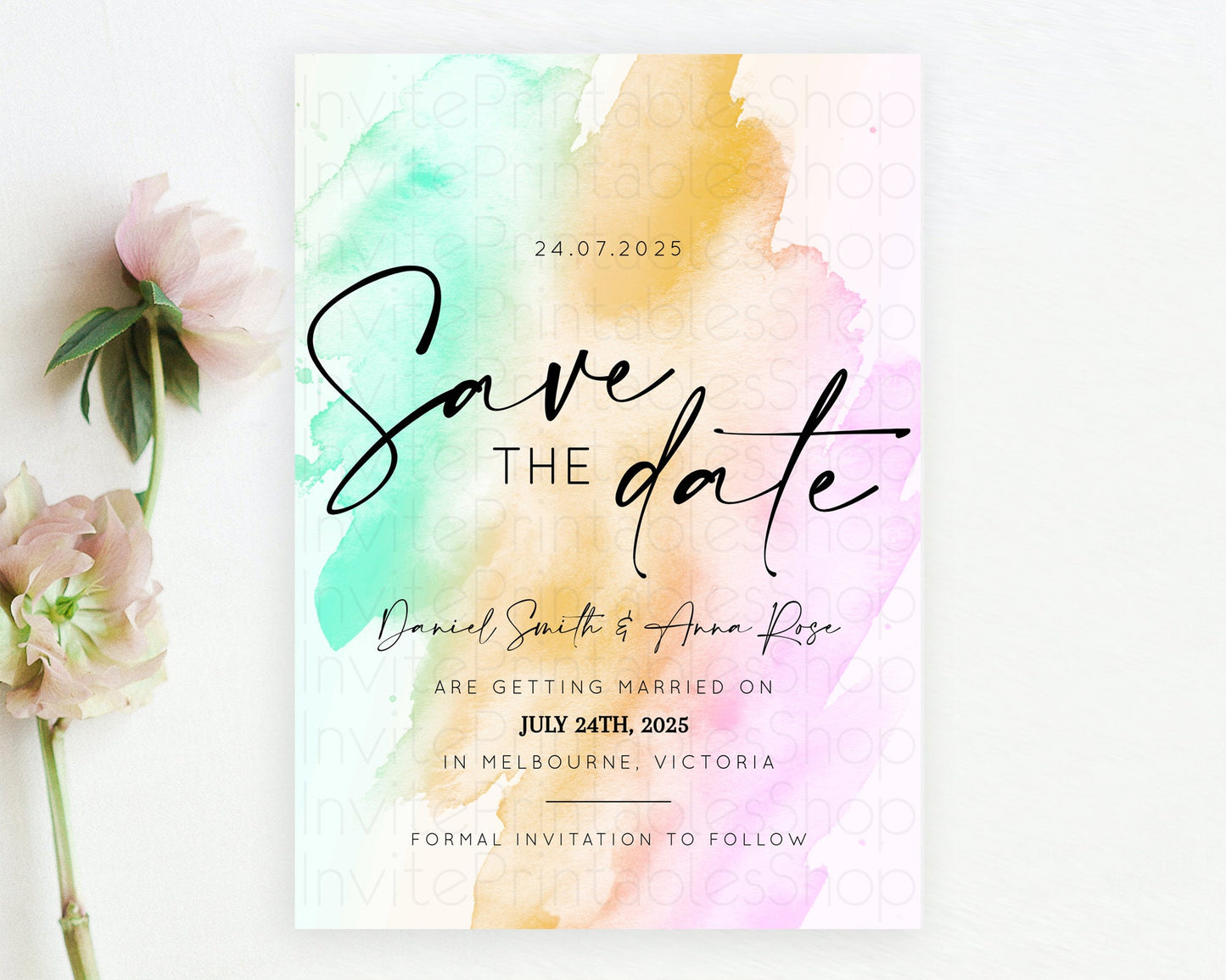 Editable Pastel Save The Date Template Pastel Ombre Rainbow Watercolor Color
