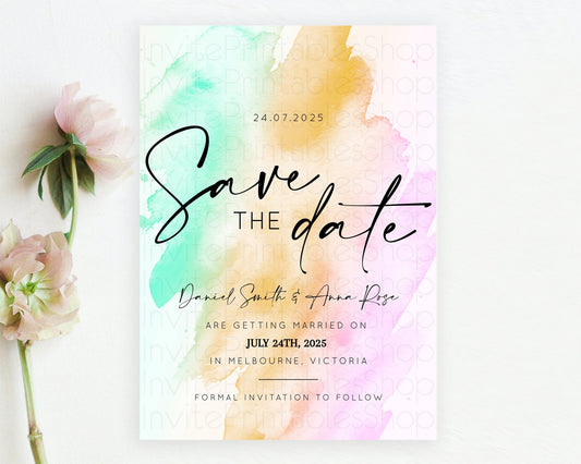 Editable Pastel Save The Date Template Pastel Ombre Rainbow Watercolor Color