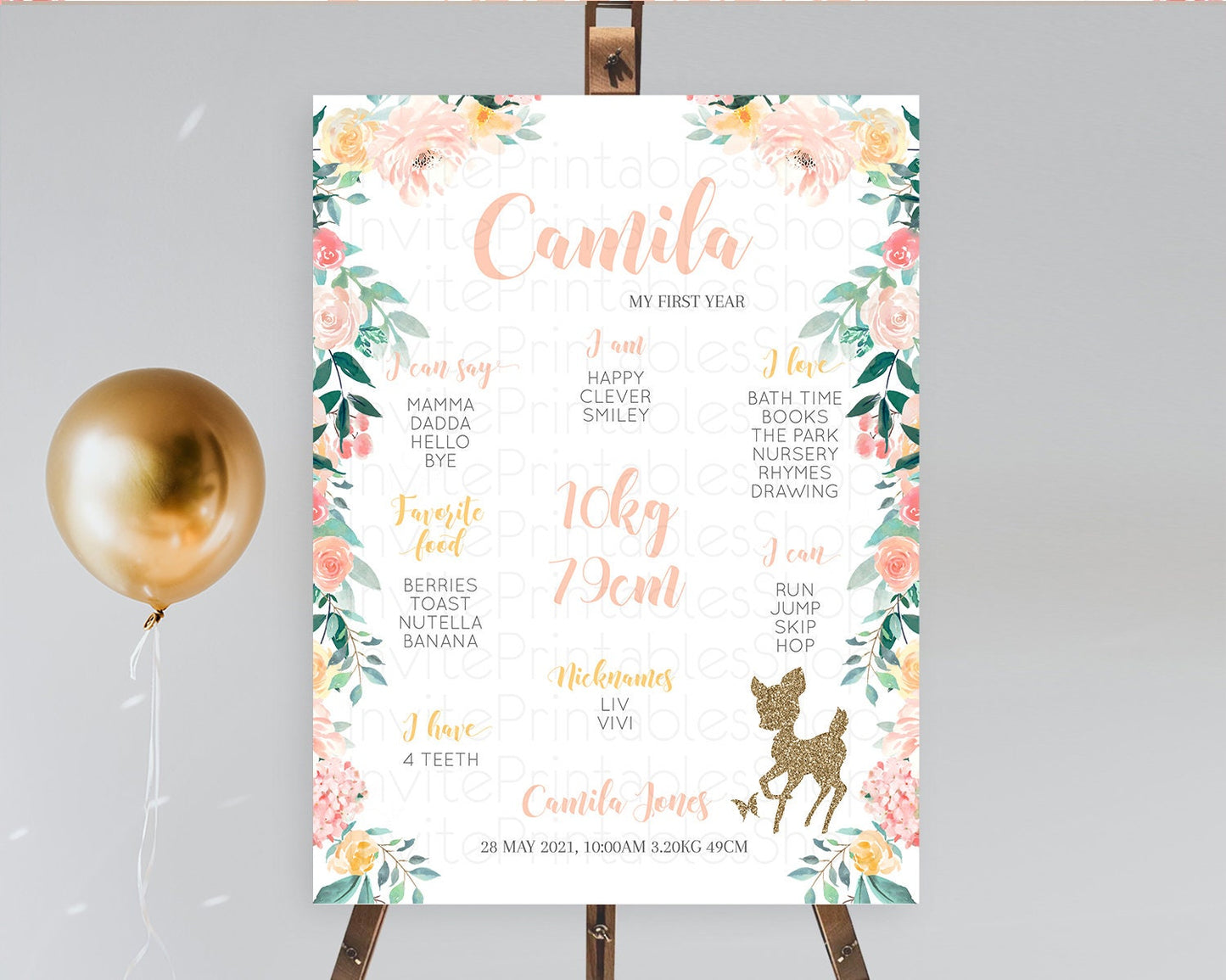 Fawn First Birthday Milestone Board Deer First Birthday Milestone Poster Enchanted Forest Butterfly Pastel Flowers 1st Birthday Sign D10874