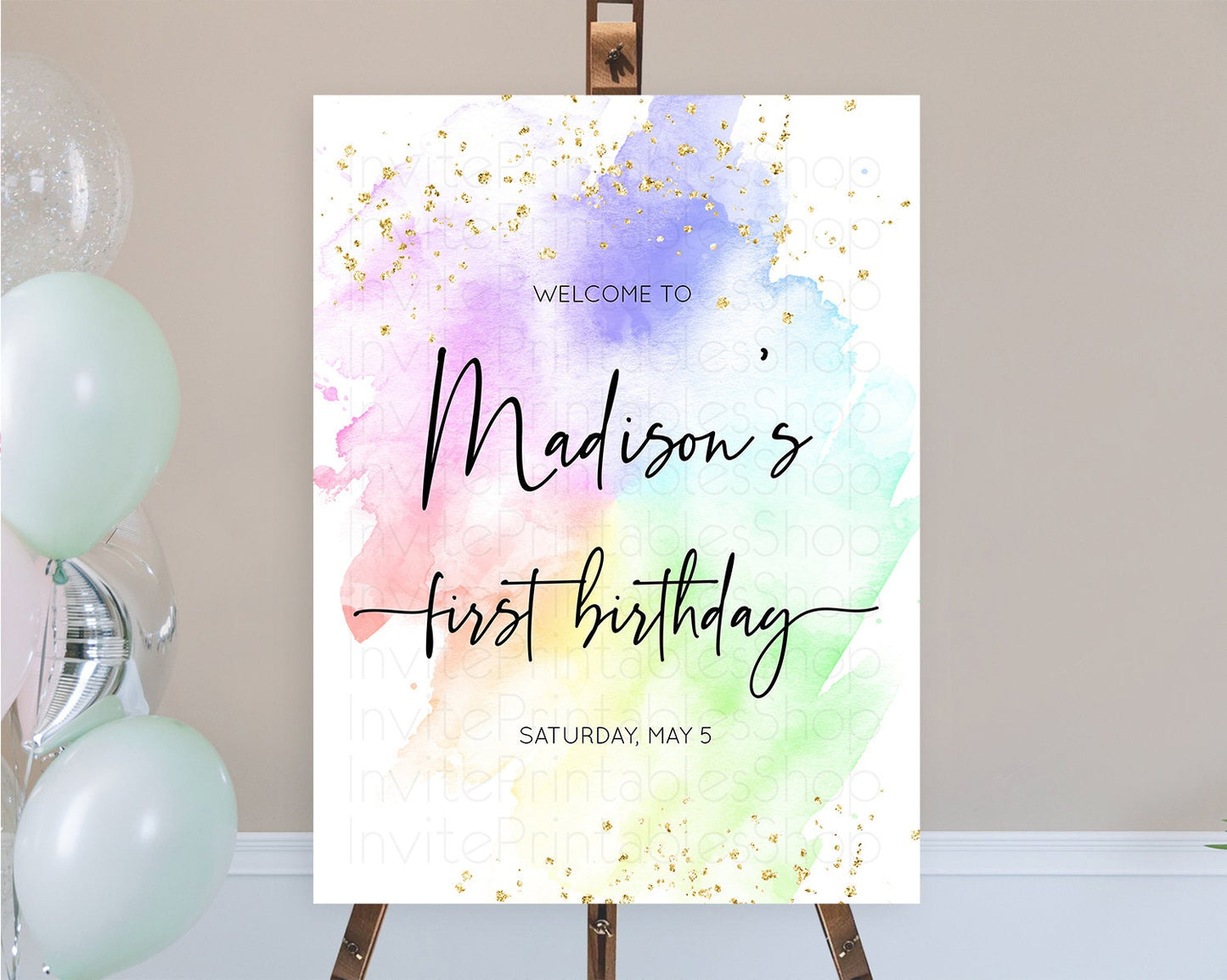 Pastel Welcome Sign Pastel Rainbow Welcome Sign Colorful Rainbow Confetti Watercolor Glitter Pastel First Birthday Welcome Sign D10316