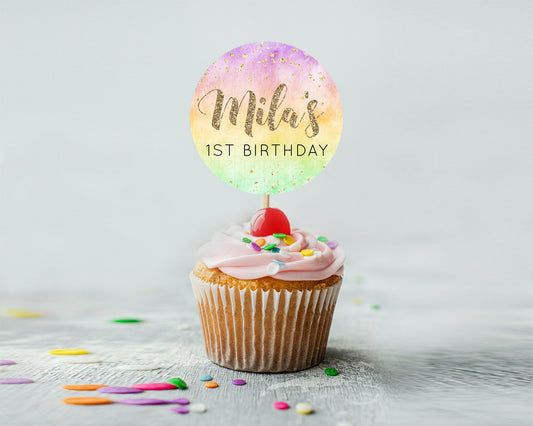 Editable Rainbow Cupcake Toppers Pastel Cupcake Toppers Colorful Pastel Wate