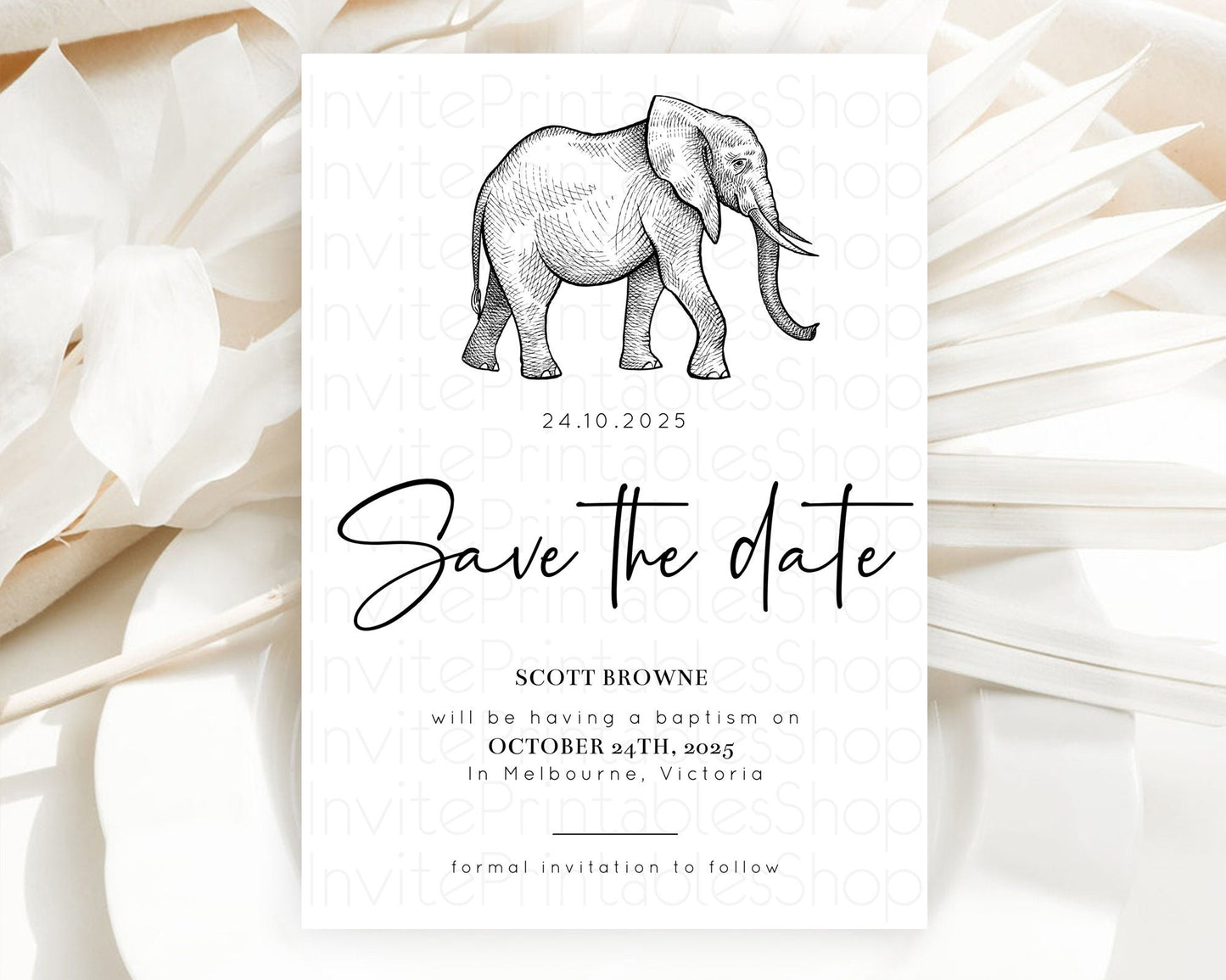 Elephant Save The Date Template Elephant Safari Adventure Party Dried Palm Fern Zoo 1st Birthday Baptism Baby Shower Bridal Shower D10248