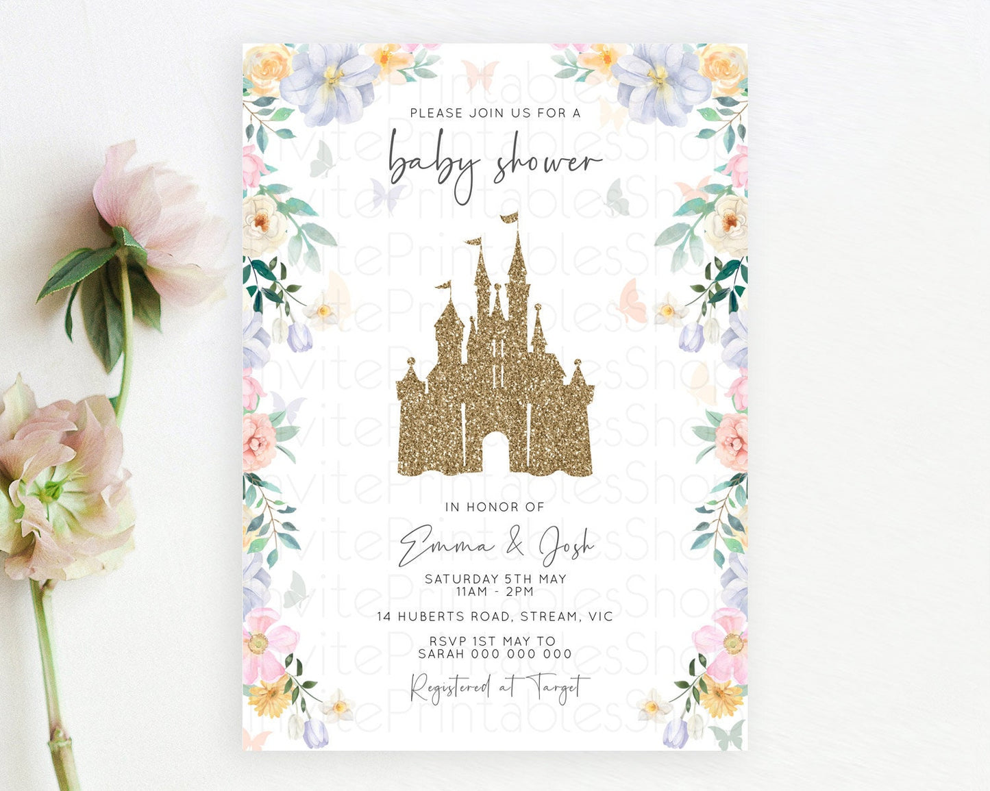 Pastel Princess Baby Shower Invitation Floral Castle Invitation Royal Baby Invite Enchanted Castle Pastel Flower Garden Baby Shower D10469