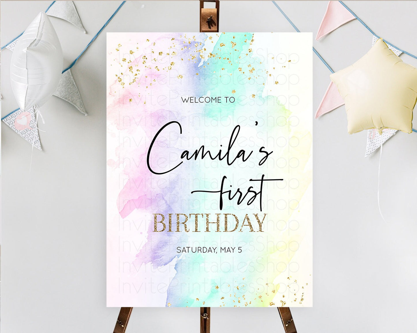 Pastel Welcome Sign Pastel Rainbow Welcome Sign Colorful Rainbow Confetti Watercolor Glitter Pastel First Birthday Welcome Sign D10231