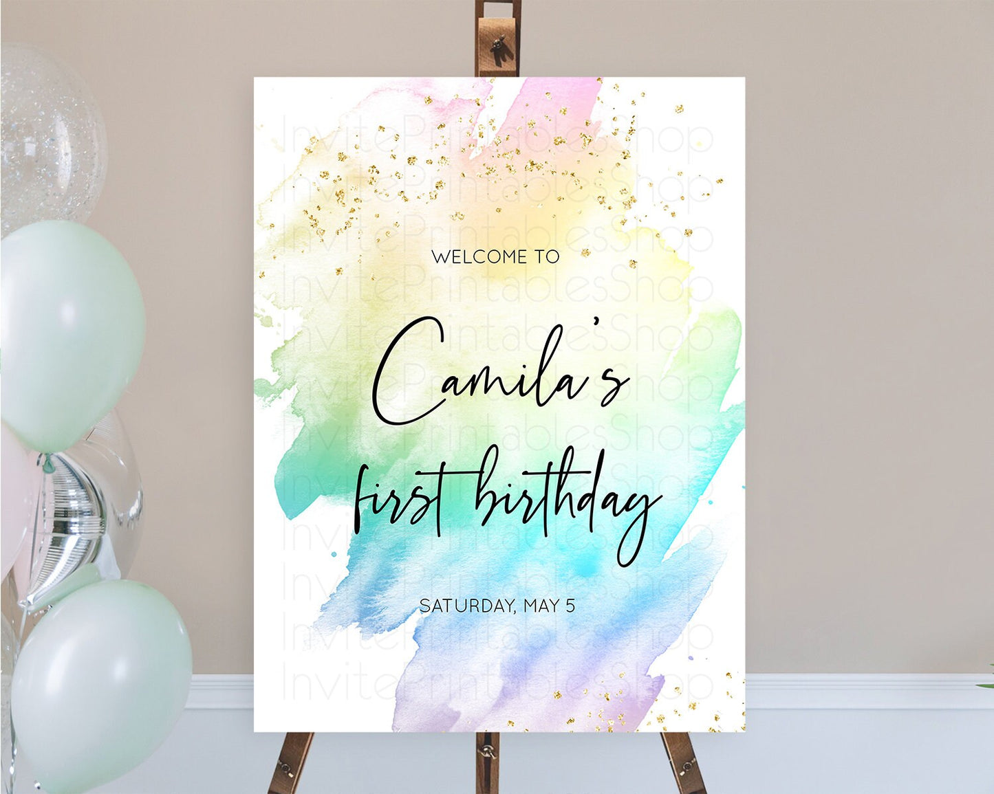 Pastel Welcome Sign Pastel Rainbow Welcome Sign Colorful Rainbow Confetti Watercolor Glitter Pastel First Birthday Welcome Sign D10256