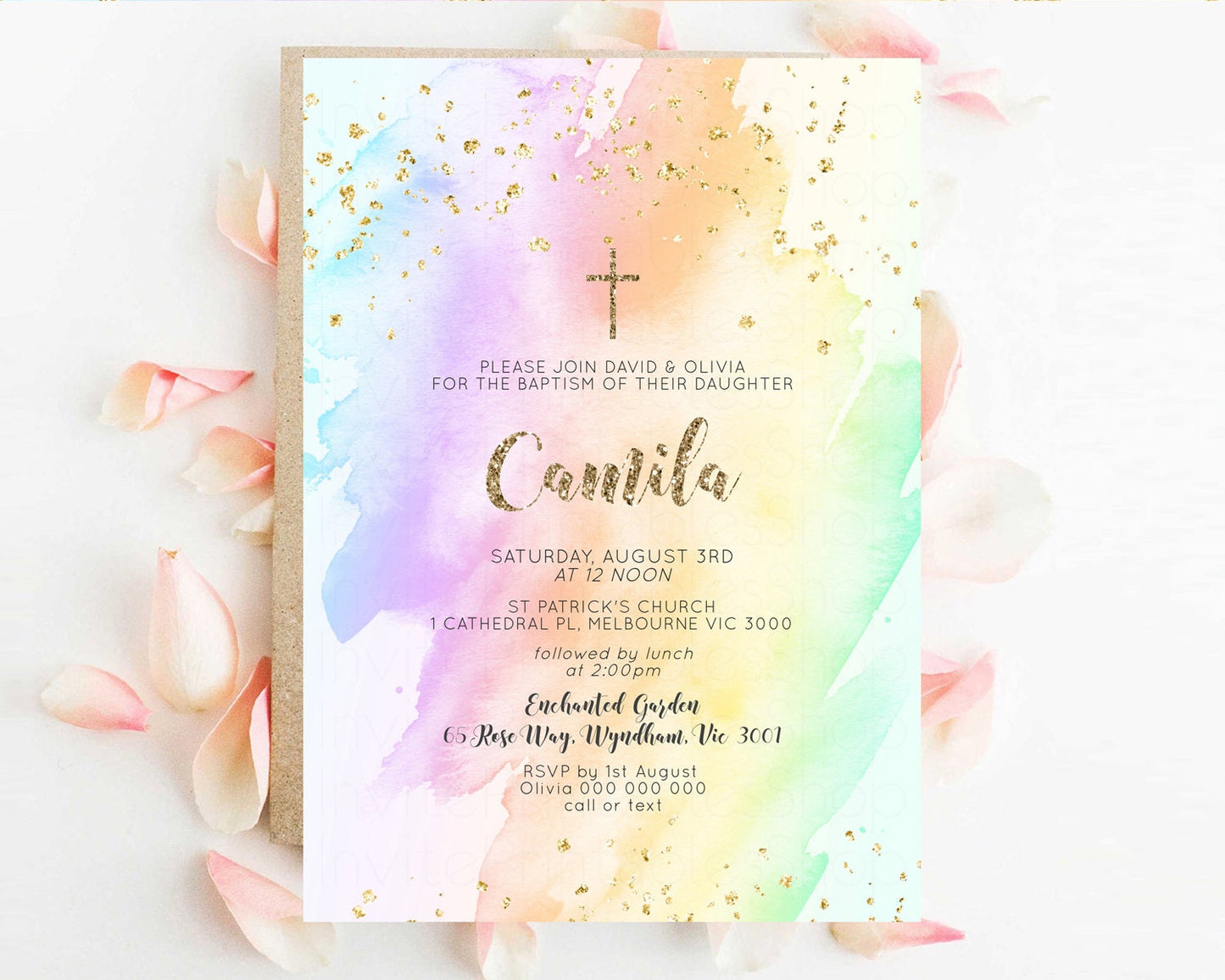 Rainbow Baptism Invitation Pastel Christening Invitation Holy Communion Invitation Glitter Watercolor Splash Invitation Colorful Invite 602