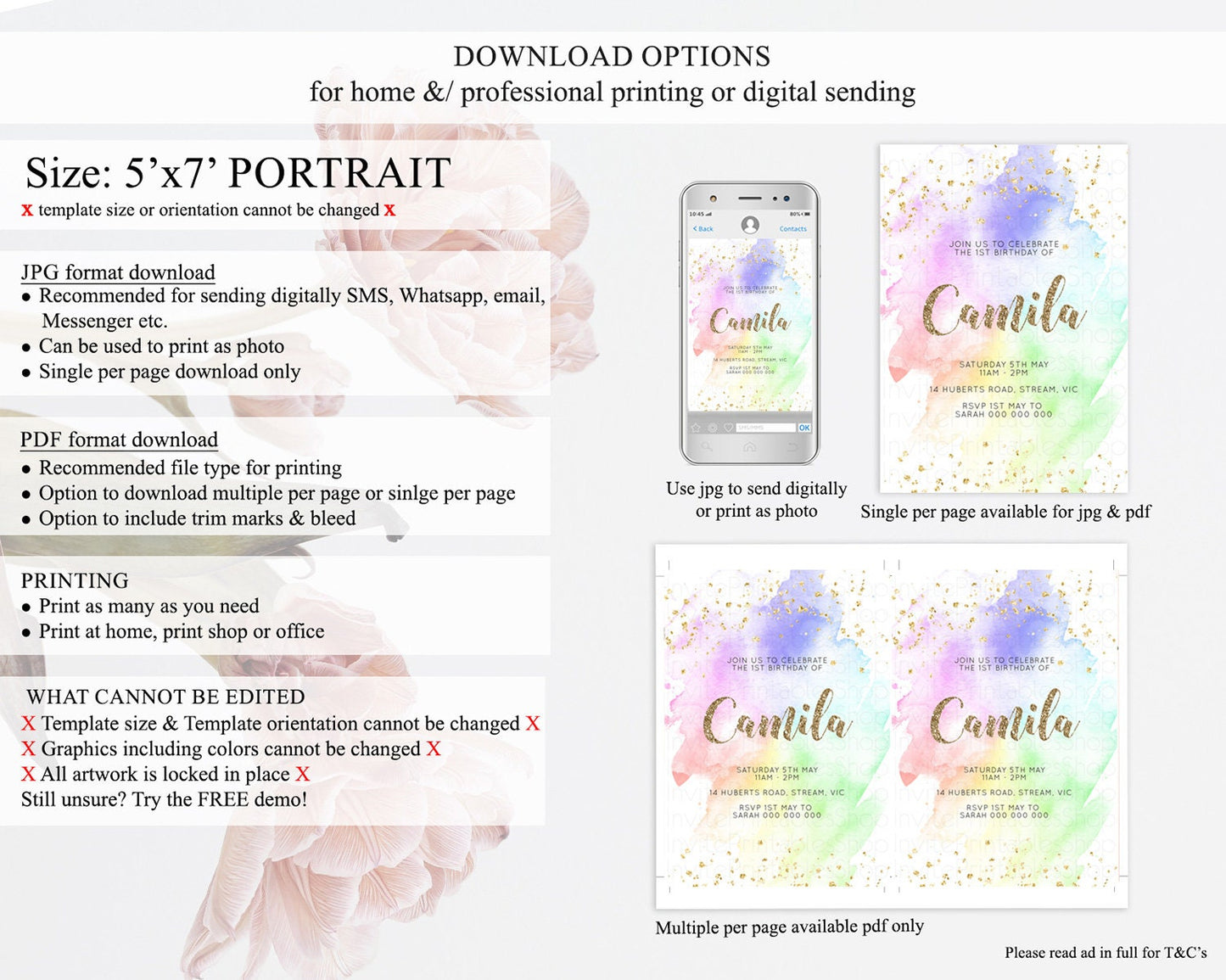 Rainbow Birthday Invitation Colorful Pastel Watercolor Invitation Gold Glitter Sprinkles Ombre Pastel 1st 2nd 3rd Birthday D10319