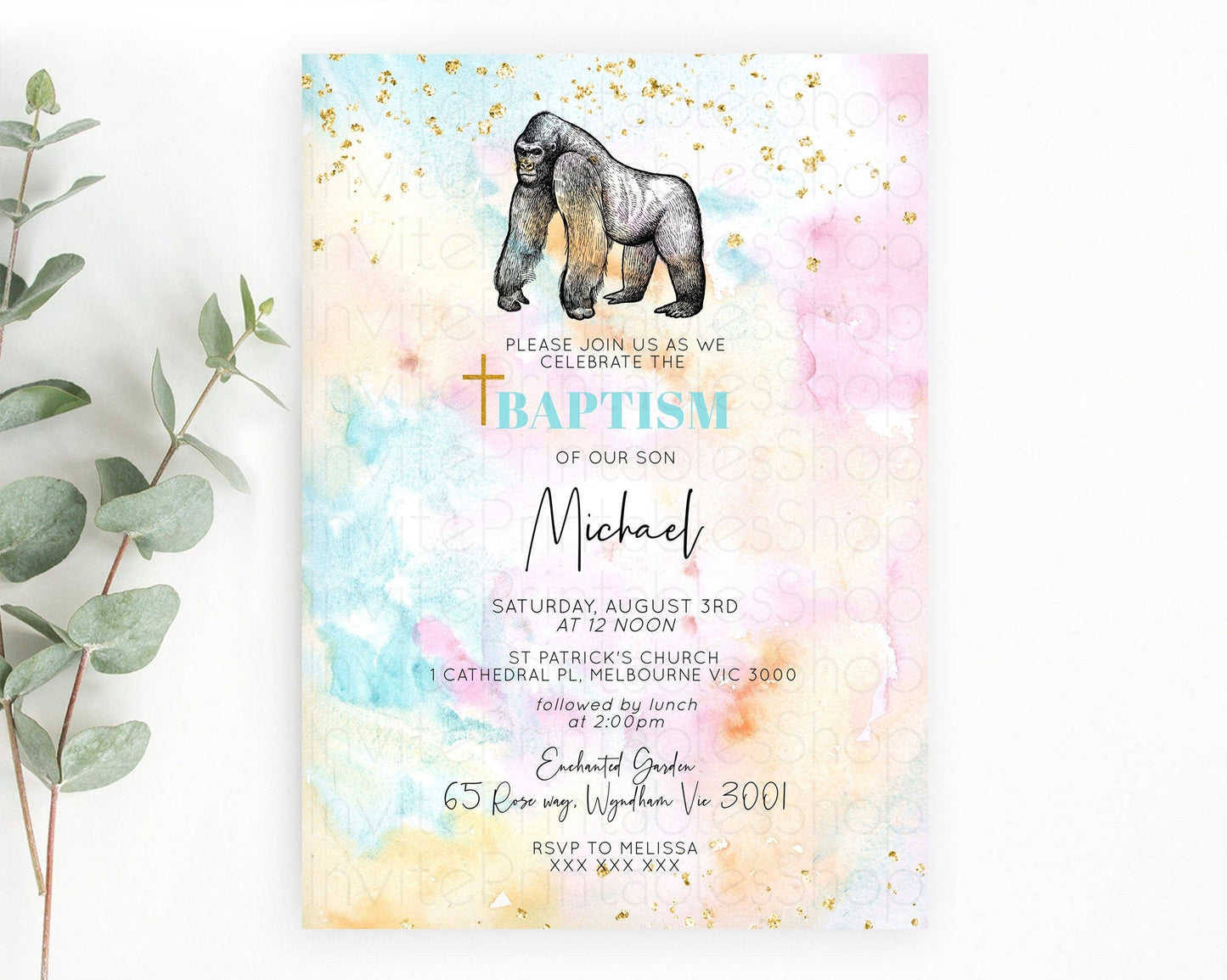 Pastel Gorilla Baptism Invitation Ombre Gorilla Baptism 1st Birthday Invitation Rainbow Watercolor Safari Christening Invitation D10284