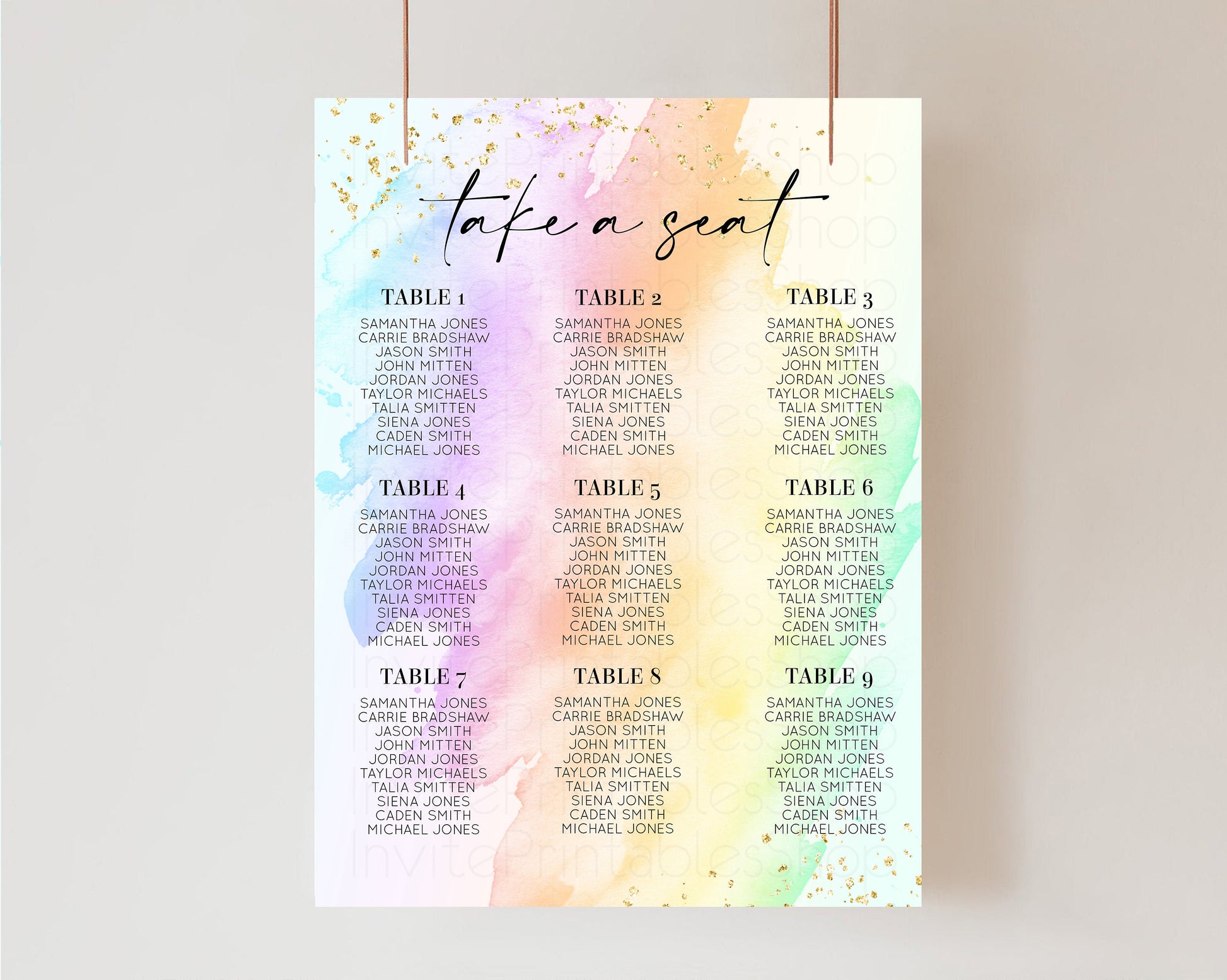 Editable Rainbow Seating Chart Pastel Clouds Seating Sign Gold Sprinkles Sea