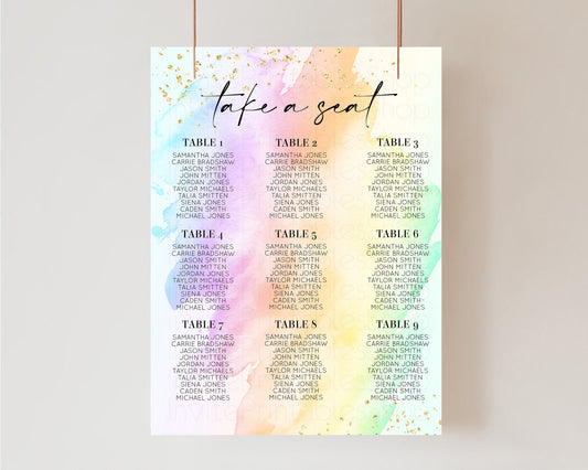 Editable Rainbow Seating Chart Pastel Clouds Seating Sign Gold Sprinkles Sea
