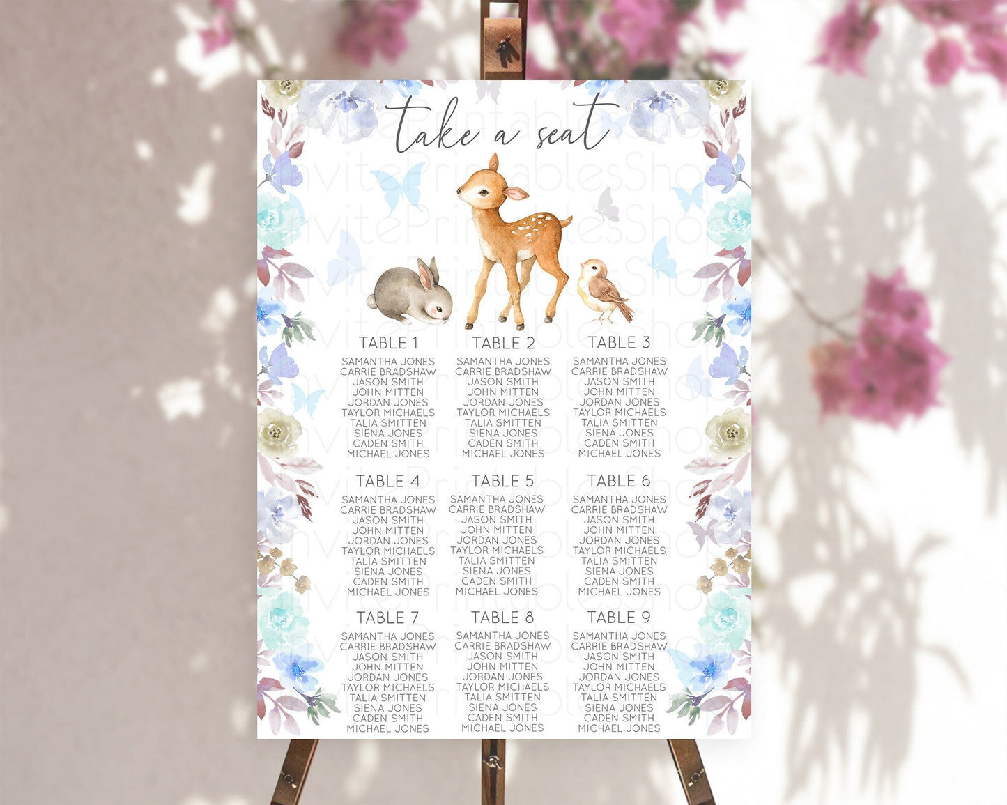 Fawn Seating Chart Deer Seating Chart Enchanted Forest Party Butterfly Pastel Flowers Whimsical Seating Chart Woodland Seating Sign D10929