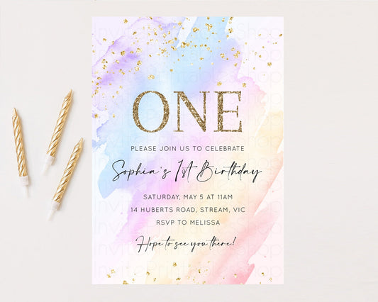 Editable Rainbow Birthday Invitation Glitter Pastel Invitation Colorful Wate