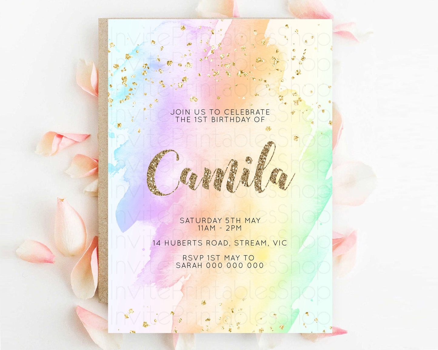 Rainbow Birthday Invitation Colorful Pastel Watercolor Invitation Gold Glitter Sprinkles Ombre Pastel 1st 2nd 3rd Birthday D10643