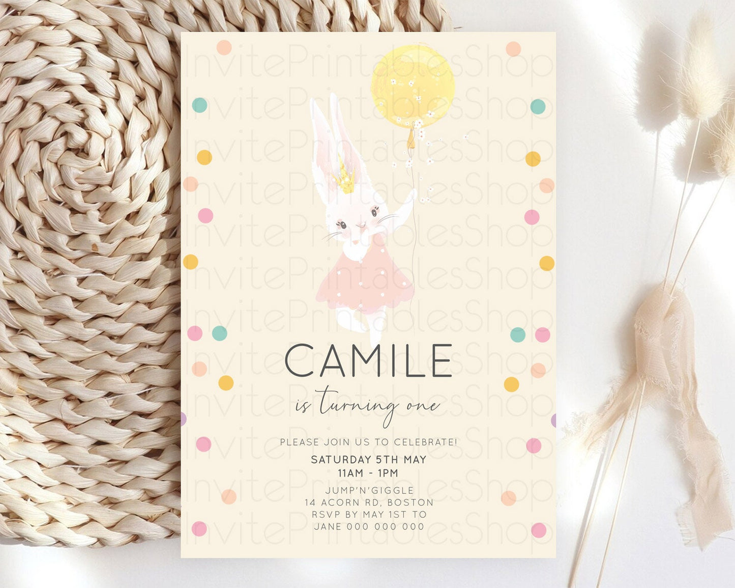 Bunny Birthday Invitation Pastel Bunny Invitation Bunny Balloon Invites Pastel Confetti Balloon Bunny Invites 2nd 1st First Birthday 199v4