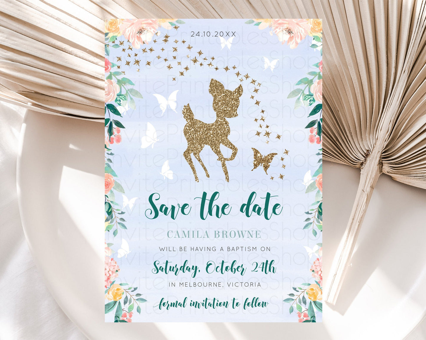 Fawn Deer Save The Date Template Pastel Floral Deer Enchanted Forest Butterfly Party 1st Birthday Baptism Baby Shower Bridal Shower D10875