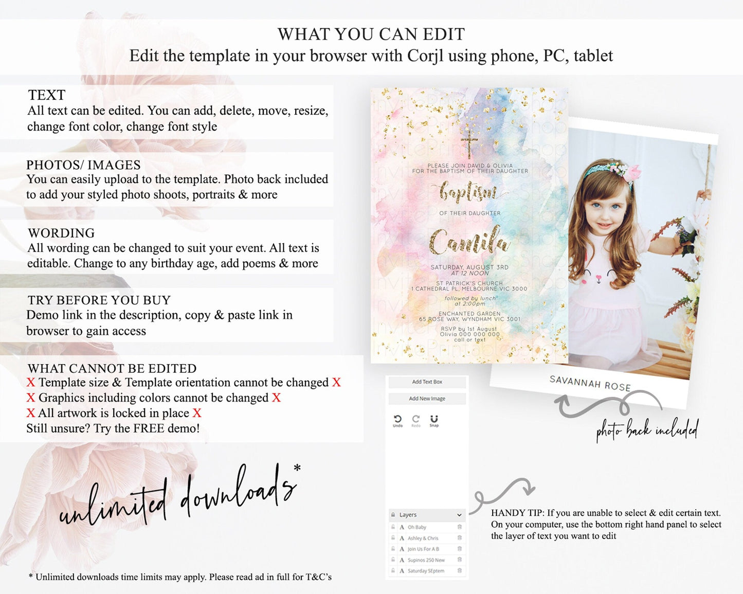 Pastel Baptism Invitation Pastel Colors Watercolor Baptism 1st Birthday Party Gold Ombre Pastel Rainbow Christening Holy Communion D10264
