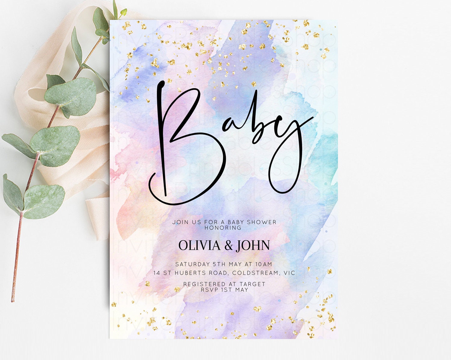 Editable Rainbow Baby Shower Invitation Watercolor Pastel Invitation Colorfu