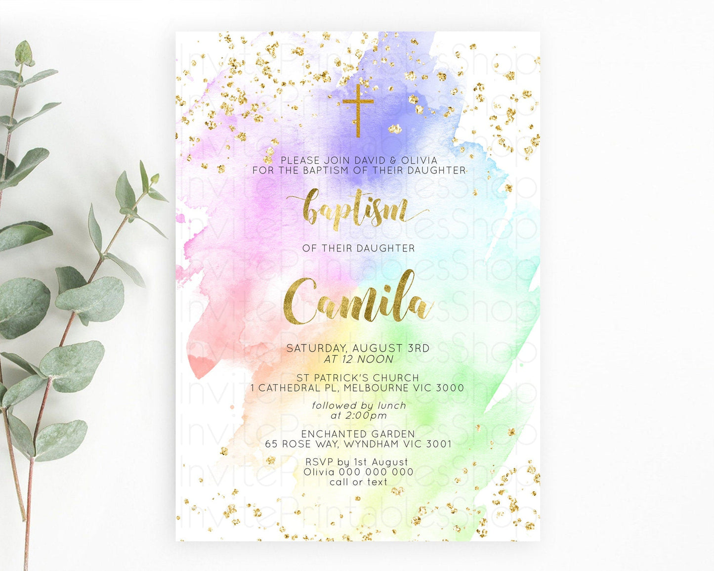 Pastel Baptism Invitation Pastel Colors Watercolor Baptism 1st Birthday Party Gold Ombre Pastel Rainbow Christening Holy Communion D10876