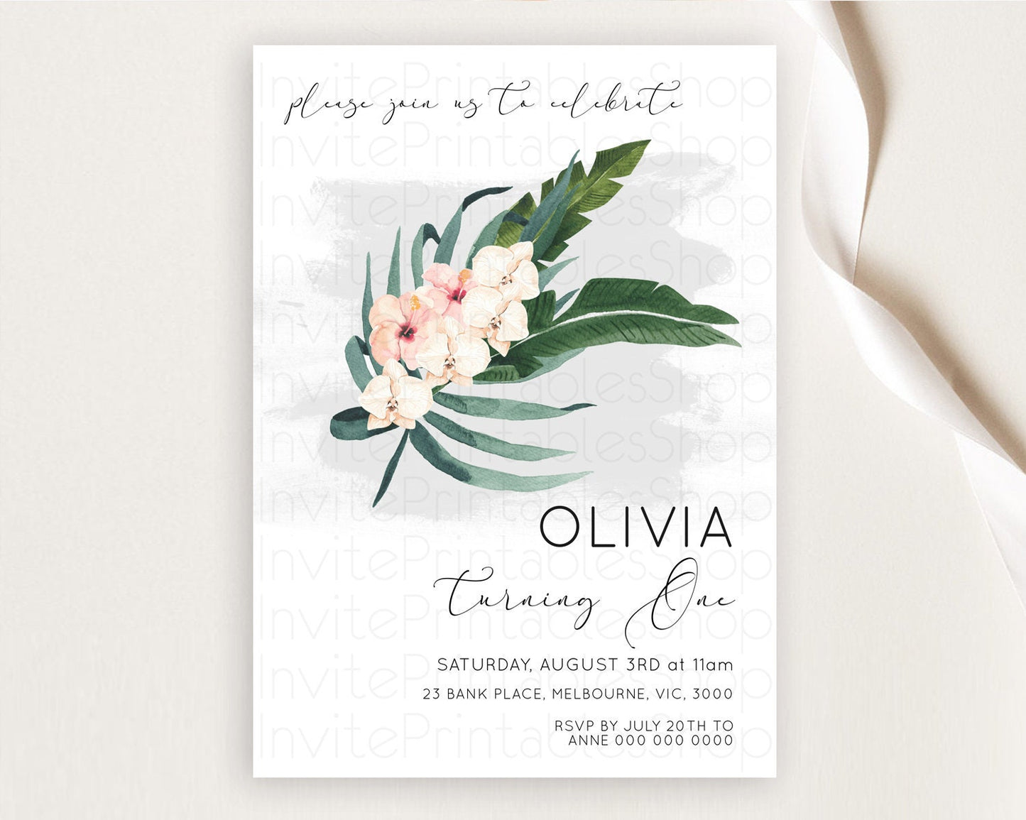 Tropical Invitation Tropical Birthday Invitation Tropical Floral Invitation Palm Leaf Fern Invite Frangipani White Orchid Invitation D11011