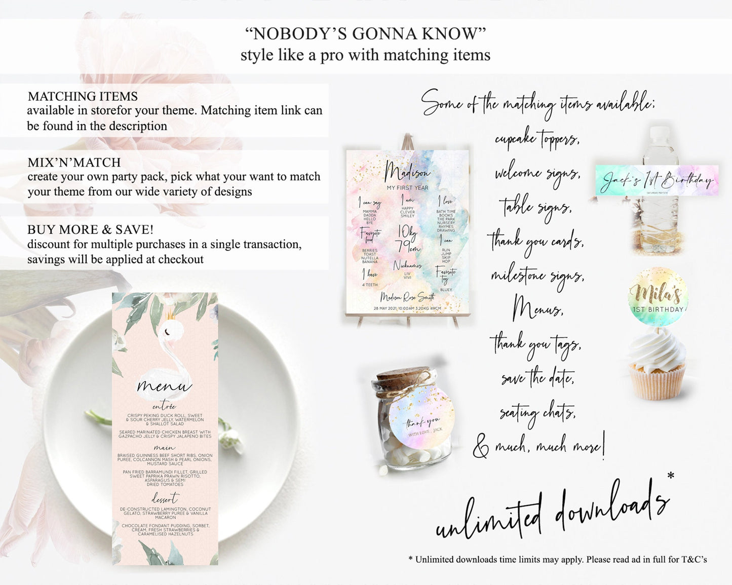 Swan Menu Swan Princess Ballet Menu Template Enchanted Swan Lake Table Decor Secret Garden Pastel Floral Dinner Dessert Food Menu  D10755