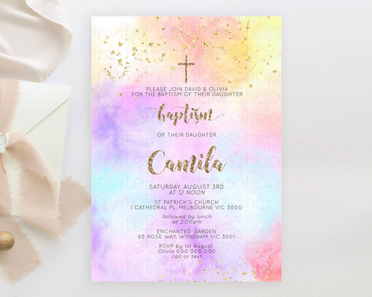 Pastel Baptism Invitation Pastel Colors Watercolor Baptism 1st Birthday Party Gold Ombre Pastel Rainbow Christening Holy Communion D10435