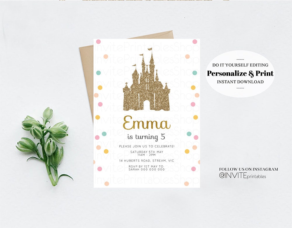 Princess Birthday Invitation Royal Castle Gold Glitter Foil Rainbow Pastel Stars Confetti Sprinkles Fairy Dust Colorful Cursive 303