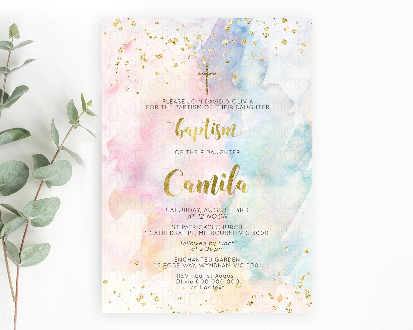 Pastel Baptism Invitation Pastel Colors Watercolor Baptism 1st Birthday Party Gold Ombre Pastel Rainbow Christening Holy Communion D10265