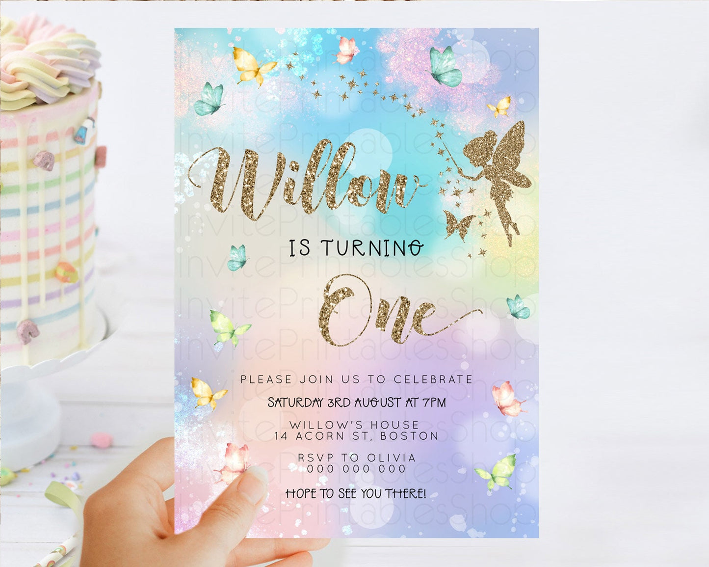 Pastel Fairy Birthday Invitation Pastel Butterflies Fairy Birthday Invitation Rainbow Ombre Watercolor 1st 2nd Birthday Invitation D23165