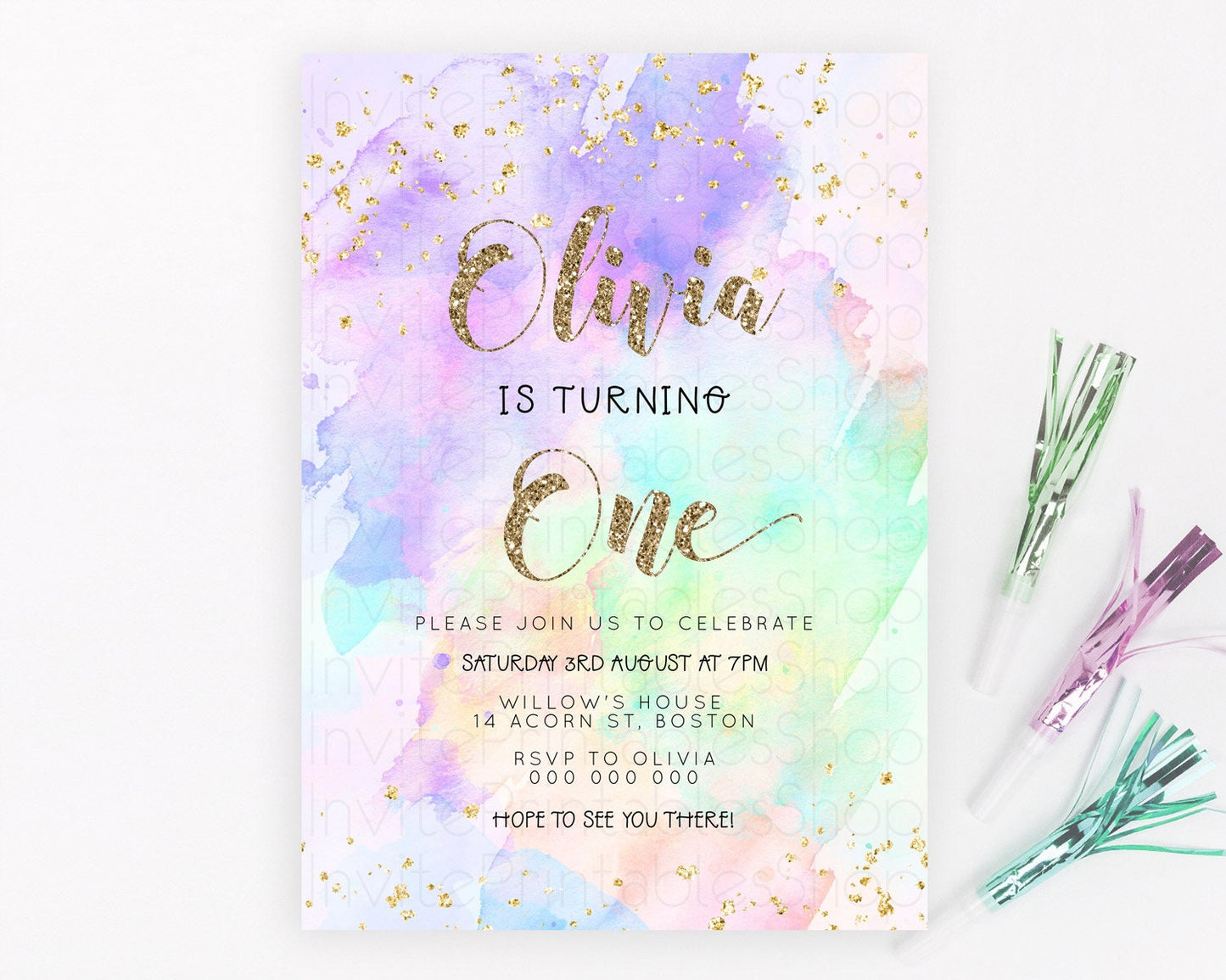 Rainbow Birthday Invitation Colorful Pastel Watercolor Invitation Gold Glitter Sprinkles Ombre Pastel 1st 2nd 3rd Birthday D23297