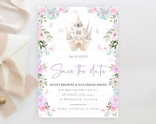 Princess Save The Date Template Secret Garden Enchanted Castle Pastel Floral Royal Party For 1st Birthday Baptism Baby Shower D10471