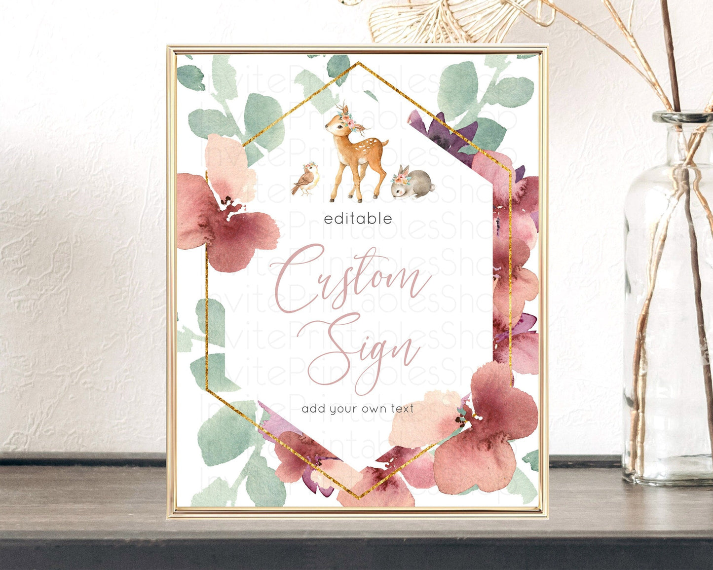Fawn Deer Sign Pastel Floral Deer Table Sign Decor Enchanted Forest Butterfly Party 1st Birthday Baptism Baby Shower Bridal Shower D10913
