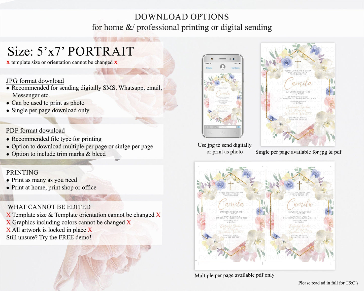 Secret Garden Baptism Invitation Wildflower Baptism Birthday Invite Pastel Flowers Christening Invite Enchanted Garden Boho Floral D10254