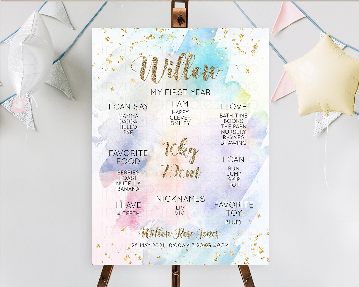 Pastel First Birthday Milestone Board Pastel Rainbow Milestone Poster Colorful Confetti Watercolor Glitter 1st Birthday Welcome Sign D10421